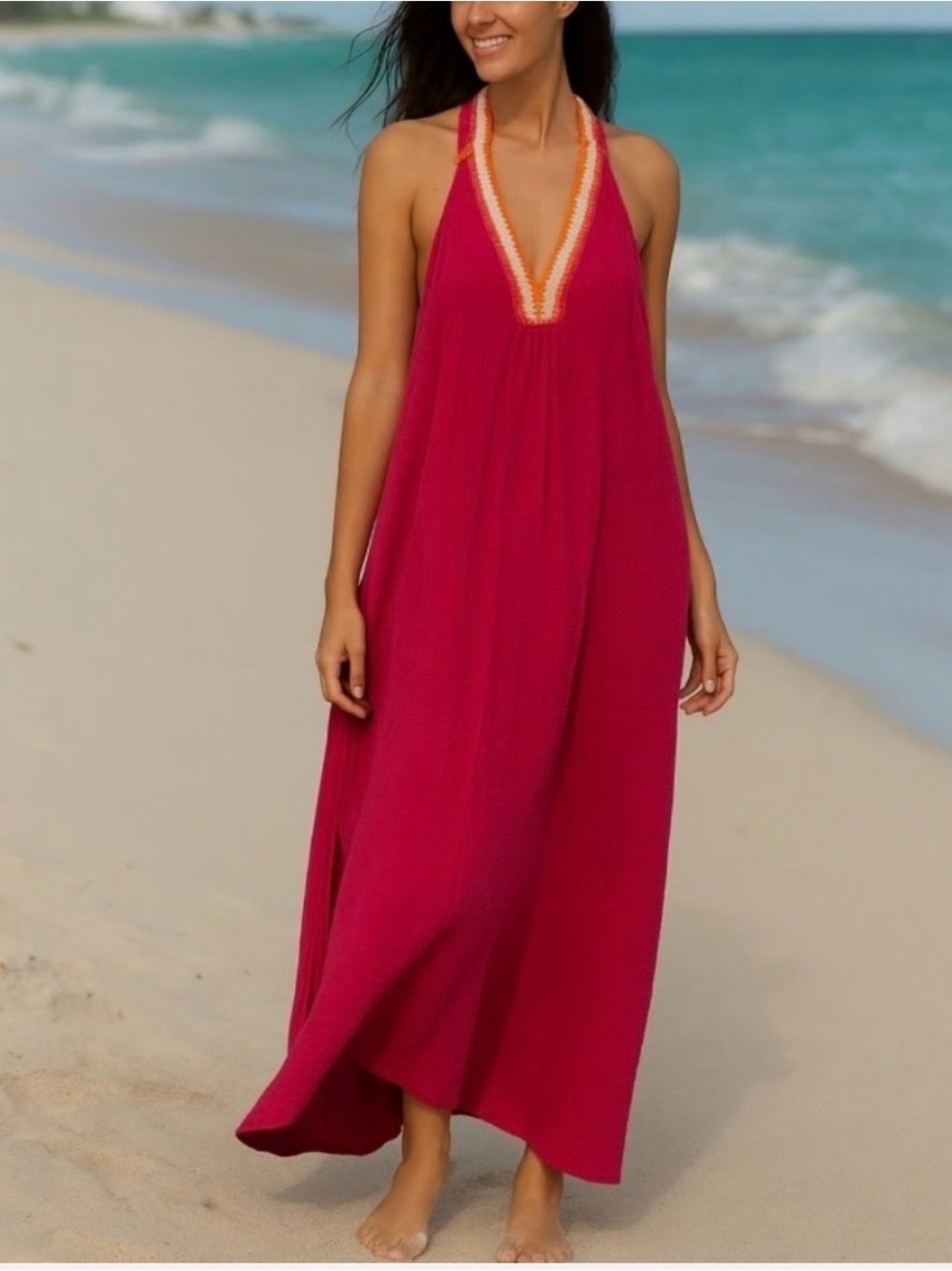 Magaschoni Organic Cotton Gauze Boho Maxi Dress Raspberry Size Medium